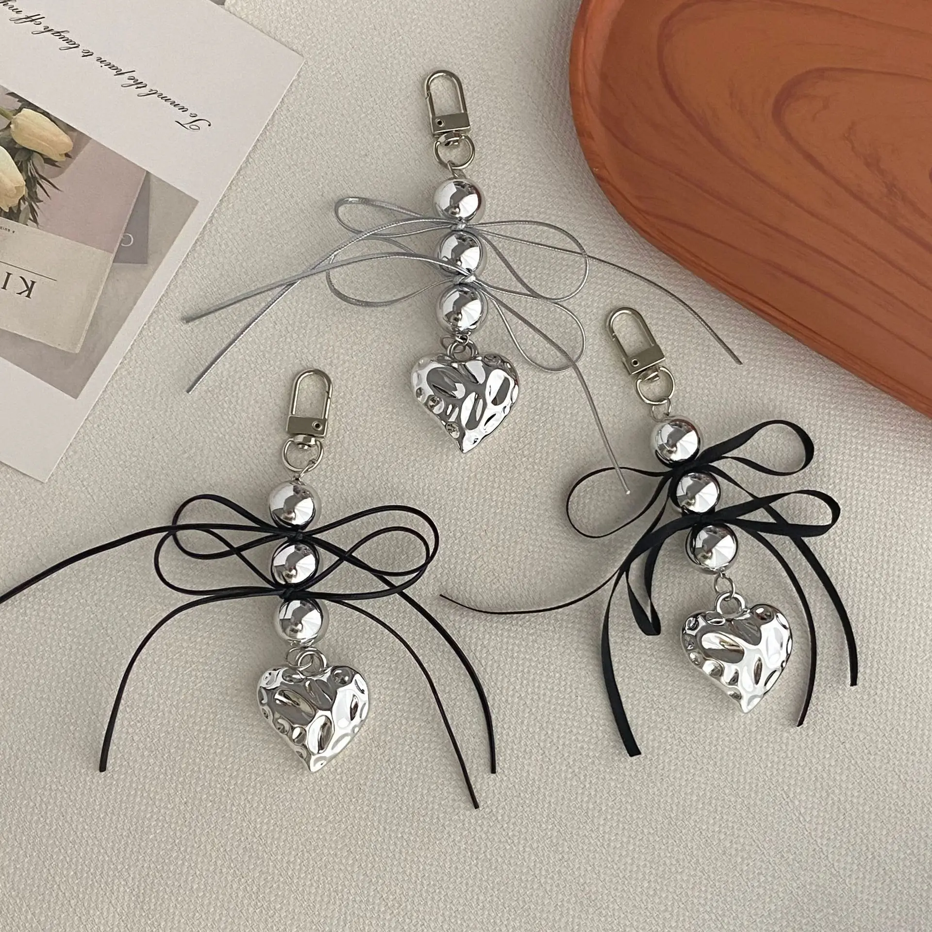 Silver and Black Beaded Heart Keychain 4 Silver and Black Beaded Heart Keychain - Image 4