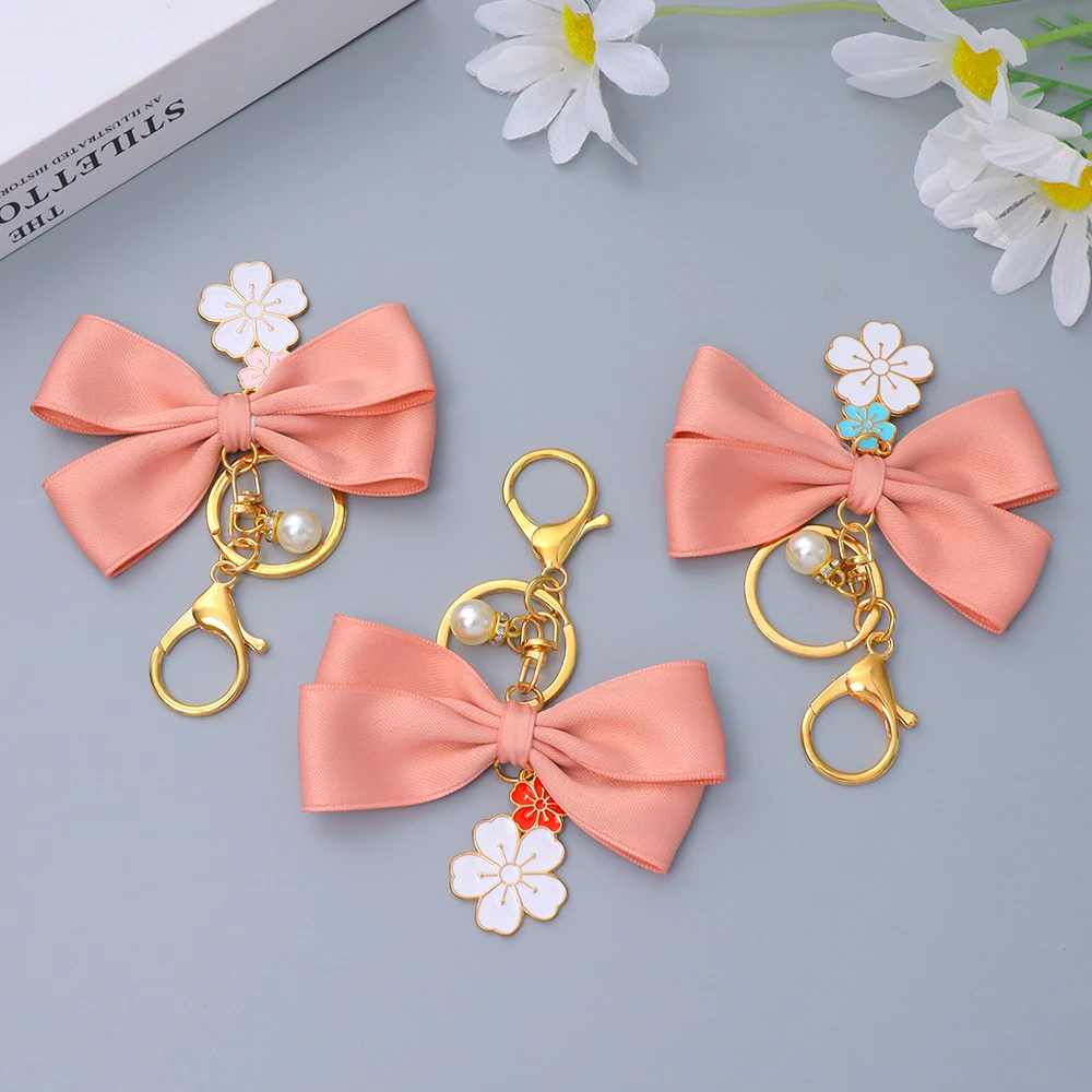Pink Satin Bow Keychain with Enamel Flowers 5 Pink Satin Bow Keychain with Enamel Flowers - Image 5