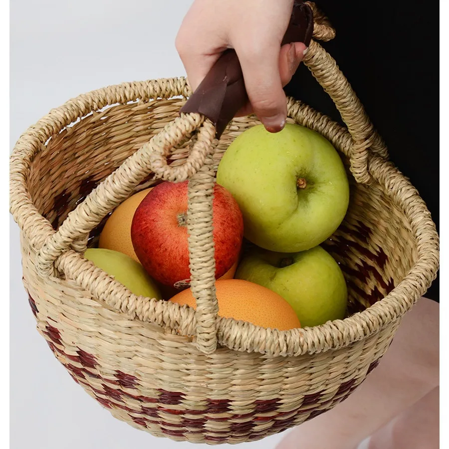 Rustic Handwoven Fruit Basket with Leather Handles 2 Rustic Handwoven Fruit Basket with Leather Handles - Image 2