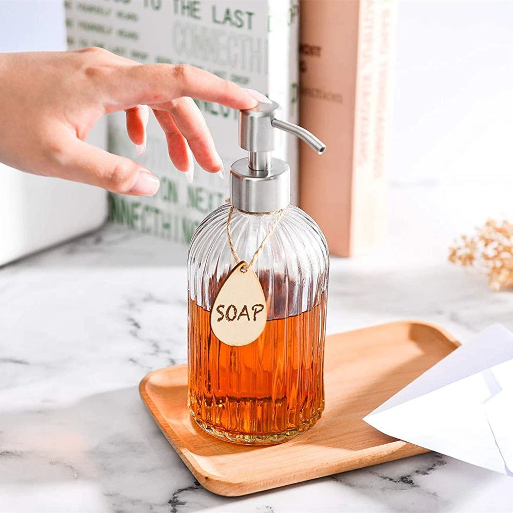 Elegant Glass Soap Dispenser Set with Wooden Tags 5 Elegant Glass Soap Dispenser Set with Wooden Tags - Image 5