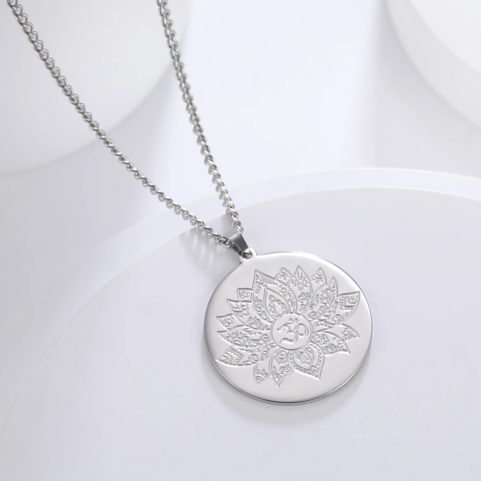 Stainless Steel Om Lotus Pendant Necklace 9 Stainless Steel Om Lotus Pendant Necklace - Image 9