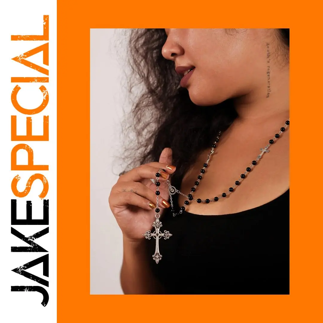 Black Unisex Rosary Necklace with Silver Cross 1 Black Unisex Rosary Necklace with Silver Cross