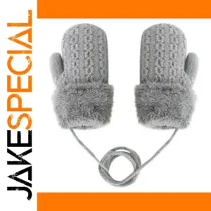 Grey Toddler Winter Mittens with Neck Strap