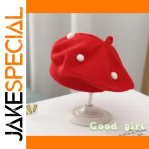 Bright Red Baby Winter Beret with Pom-Poms