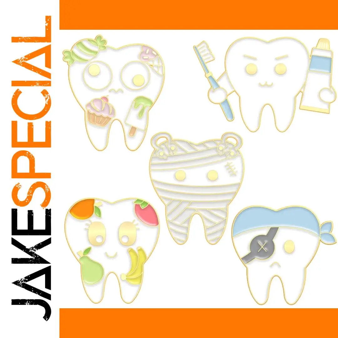 Whimsical Cartoon Tooth Brooch Set of 5 1 Whimsical Cartoon Tooth Brooch Set of 5