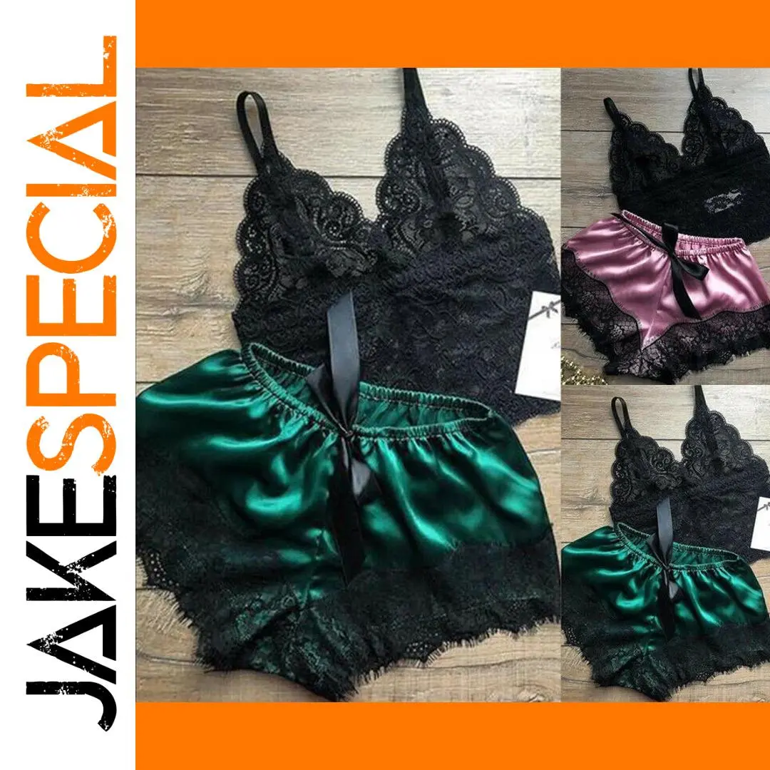 Women's Lace Sleepwear Set with Satin Shorts 1 Women's Lace Sleepwear Set with Satin Shorts