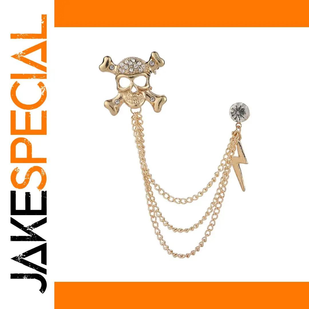 Bold Gothic Skull Brooch with Chain 1 Bold Gothic Skull Brooch with Chain