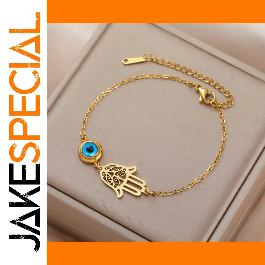 Stainless Steel Charm Bracelet with Evil Eye and Hamsa 1 Stainless Steel Charm Bracelet with Evil Eye and Hamsa
