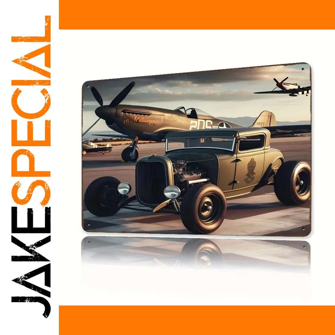 Vintage Hot Rod and Plane Aluminum Sign 1 Vintage Hot Rod and Plane Aluminum Sign