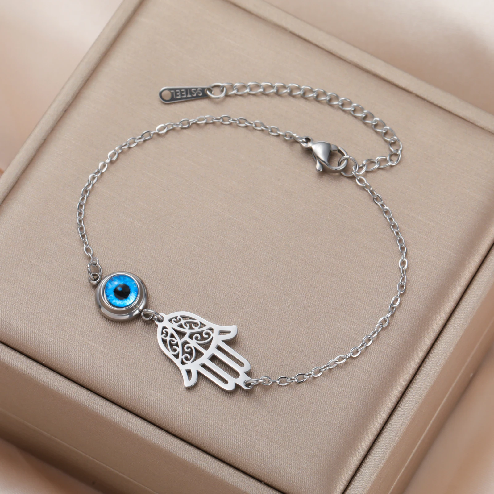 Stainless Steel Charm Bracelet with Evil Eye and Hamsa 2 Stainless Steel Charm Bracelet with Evil Eye and Hamsa - Image 2