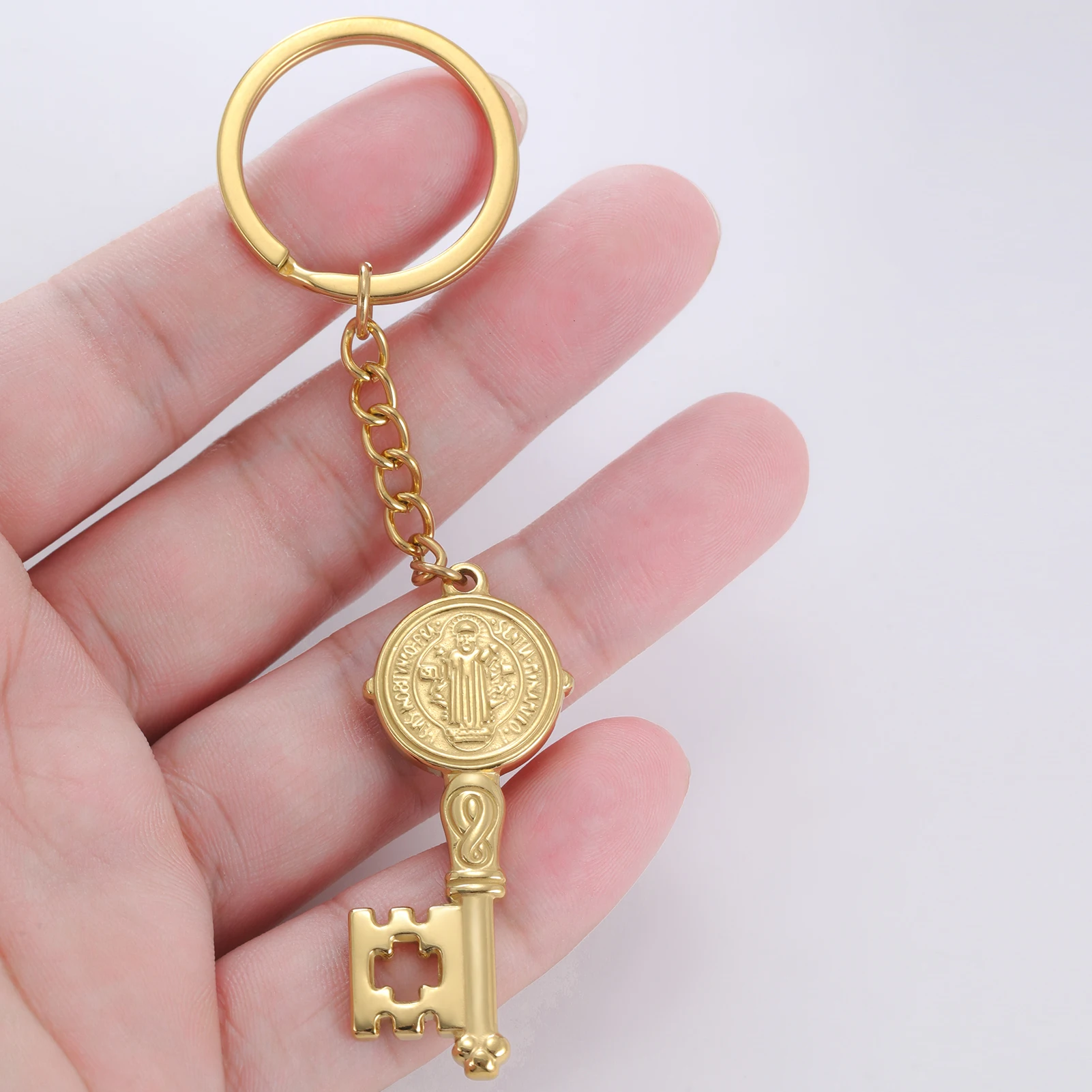 Stainless Steel Religious Keychain with Saint Benedict 2 Stainless Steel Religious Keychain with Saint Benedict - Image 2