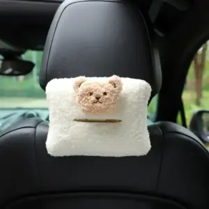Khaki Plush Car Tissue Box with Bear Face