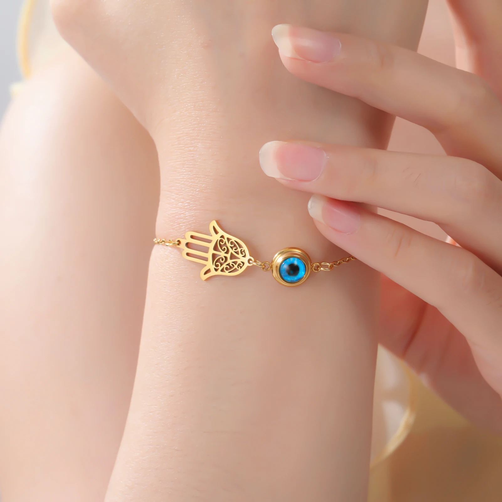 Stainless Steel Charm Bracelet with Evil Eye and Hamsa 4 Stainless Steel Charm Bracelet with Evil Eye and Hamsa - Image 4