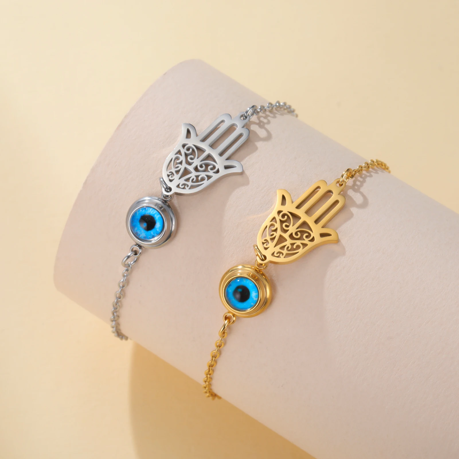 Stainless Steel Charm Bracelet with Evil Eye and Hamsa 3 Stainless Steel Charm Bracelet with Evil Eye and Hamsa - Image 3