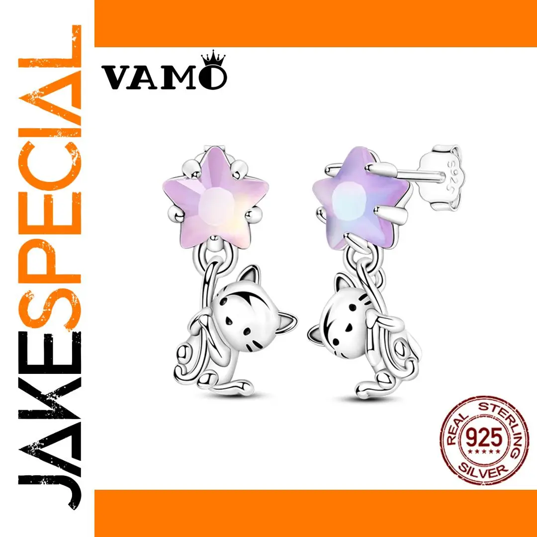 Whimsical Cat Star Zircon Earrings in 925 Silver 1 Whimsical Cat Star Zircon Earrings in 925 Silver