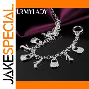 Elegant 925 Silver High Heels and Bag Charm Bracelet