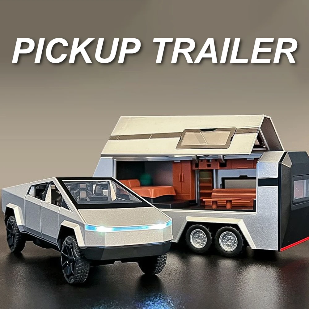 1:32 Scale Model Pickup Truck with Camper Trailer 1 1:32 Scale Model Pickup Truck with Camper Trailer