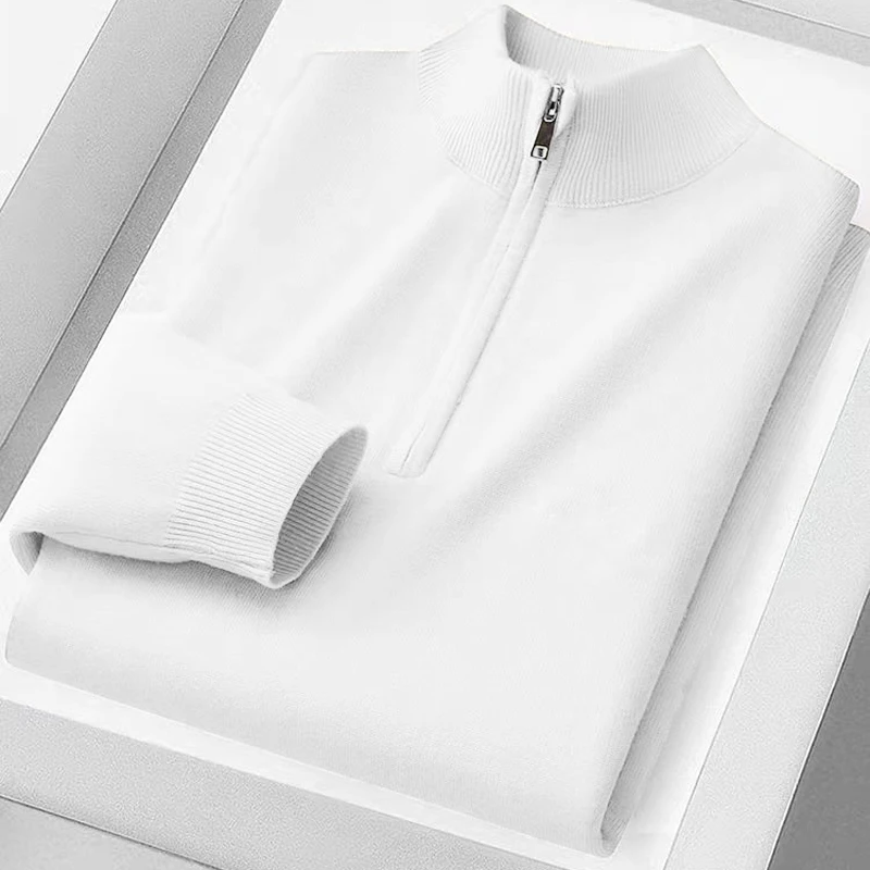 Men's Beige Knitted Polo Sweater with Zipper 3 Men's Beige Knitted Polo Sweater with Zipper - Image 3