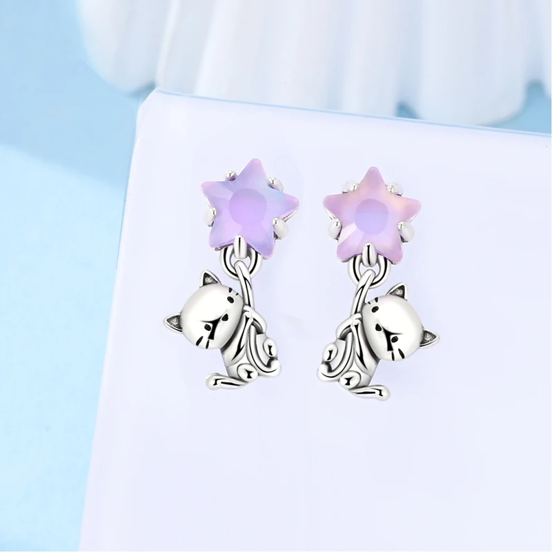 Whimsical Cat Star Zircon Earrings in 925 Silver 2 Whimsical Cat Star Zircon Earrings in 925 Silver - Image 2