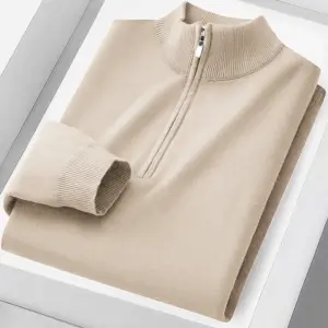 Men's Beige Knitted Polo Sweater with Zipper 16 S759514ca3b564bc78db9fba61b2301bdS 6