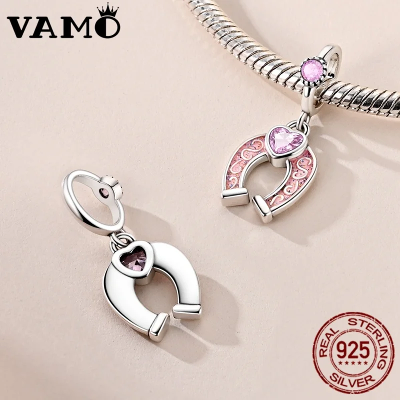 Pink Horseshoe Sterling Silver Charm Bead 3 Pink Horseshoe Sterling Silver Charm Bead - Image 3