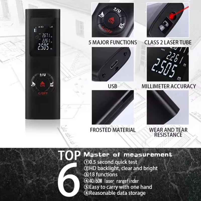 Portable Laser Rangefinder 40m/60m, ±2mm 6 Portable Laser Rangefinder 40m/60m, ±2mm - Image 6