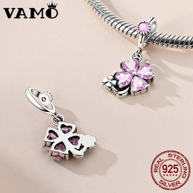 925 Silver Pink Four-Leaf Clover Charm Bead 3 925 Silver Pink Four-Leaf Clover Charm Bead - Image 3