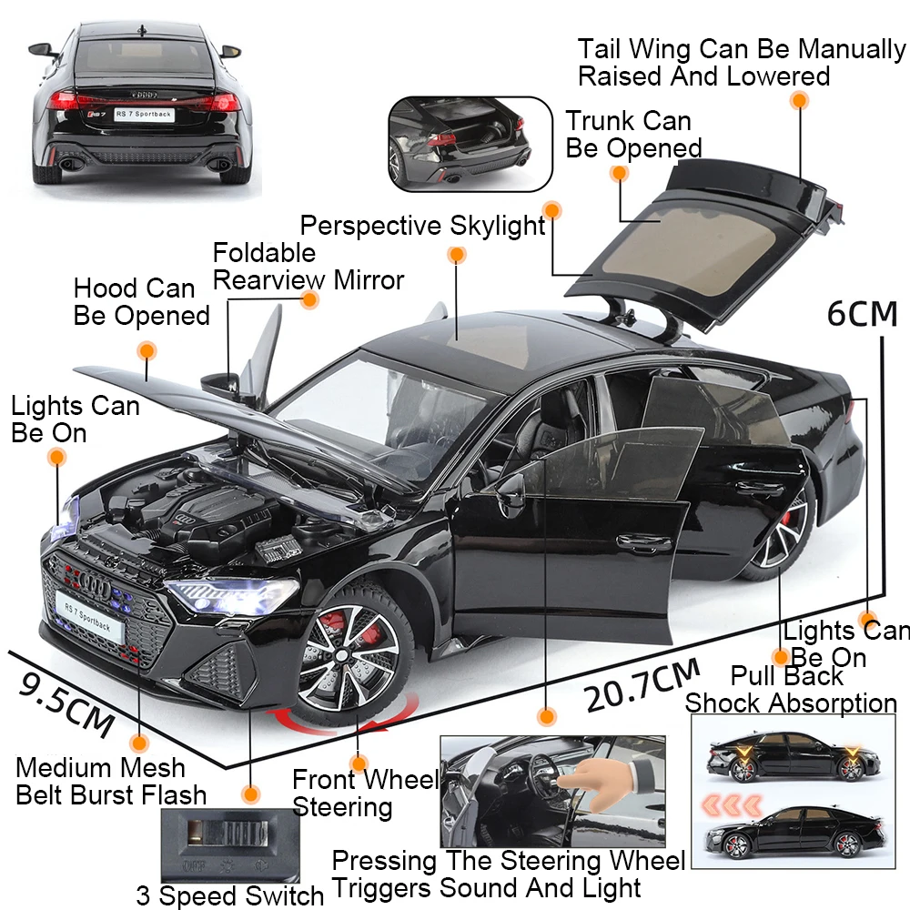 Black 1:24 Scale A6L RS7 Model Car 3 Black 1:24 Scale A6L RS7 Model Car - Image 3