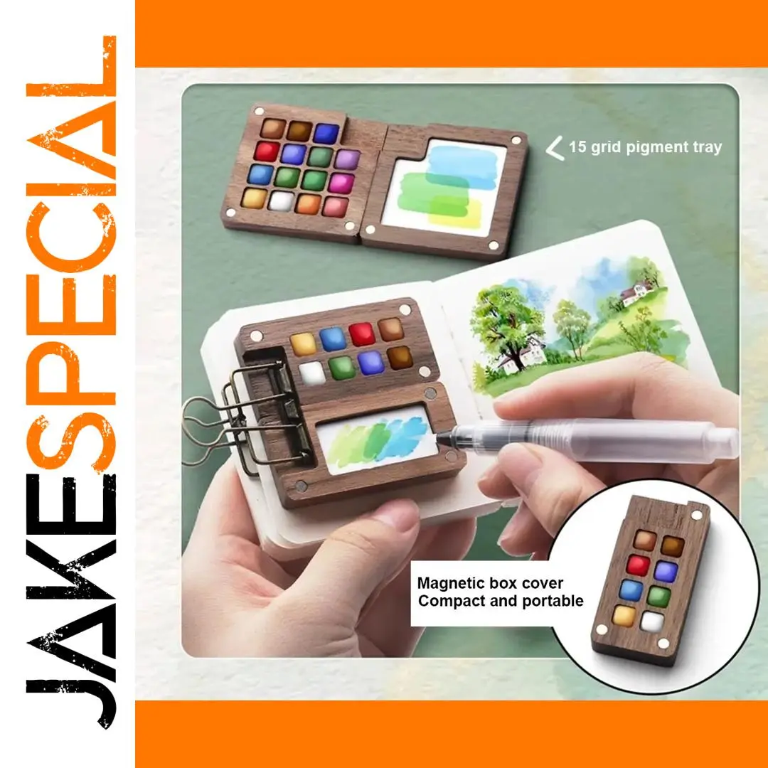 Portable Wooden Watercolor Set with 8 and 15-grid Palettes 1 Portable Wooden Watercolor Set with 8 and 15-grid Palettes