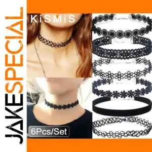 Set of Six Black Lace Chokers for Women