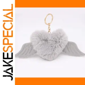 Gray Faux Rabbit Fur Heart Keychain with Wings