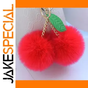Vibrant Faux Rabbit Fur Keychain with Green Leaf