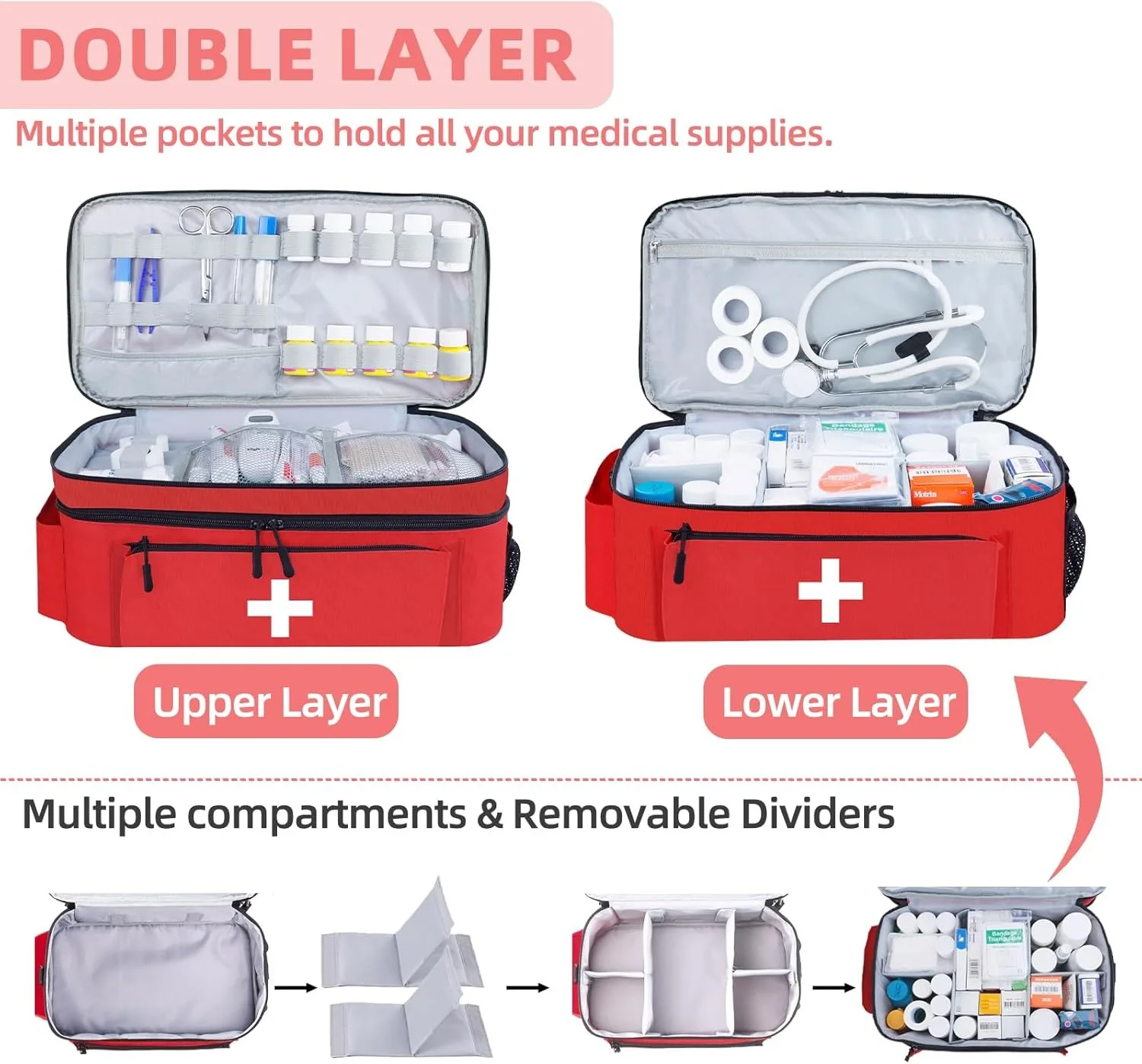 Red First Aid Storage Bag with Multiple Compartments 2 Red First Aid Storage Bag with Multiple Compartments - Image 2
