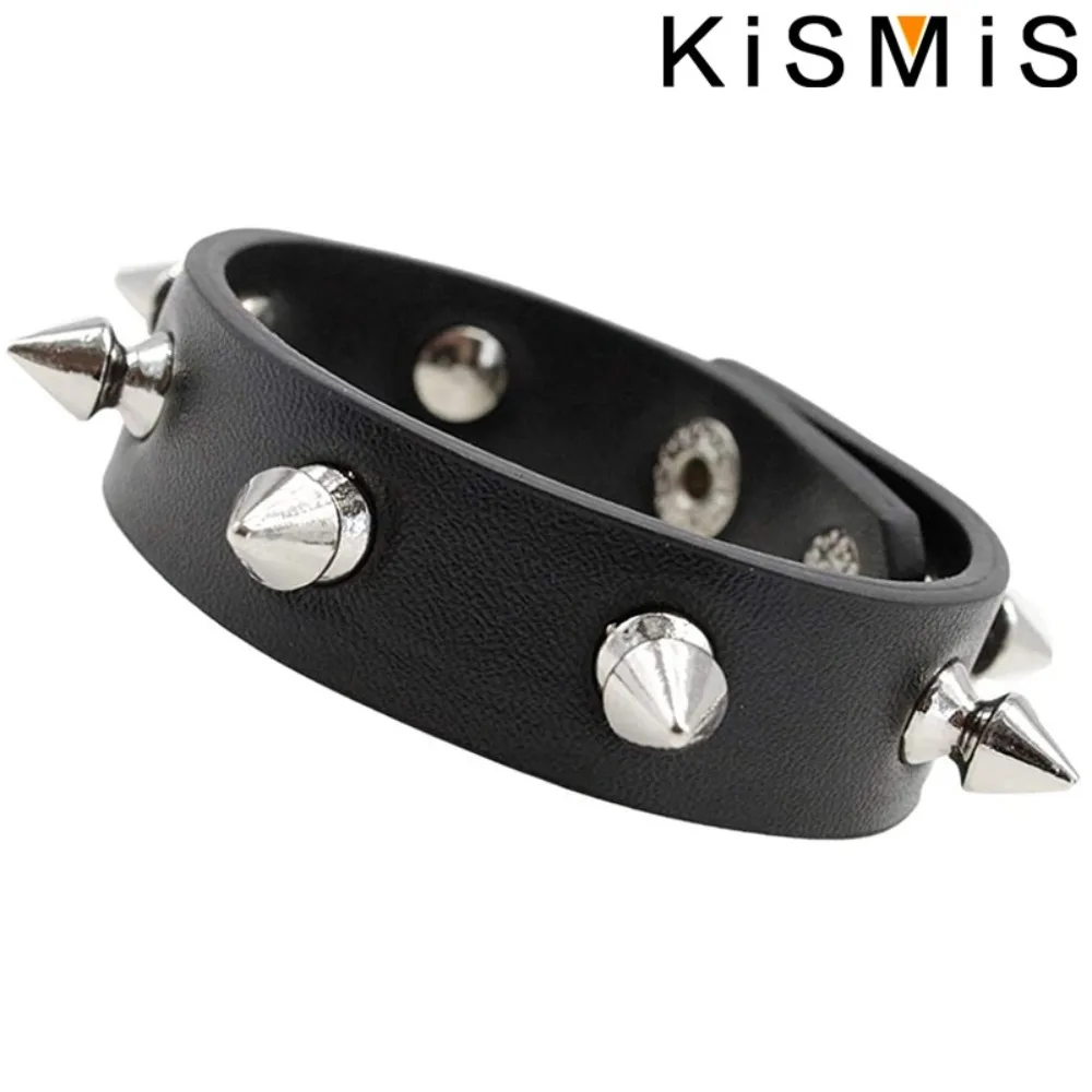 Black Leather Punk Spike Bracelet for Men Women 4 Black Leather Punk Spike Bracelet for Men Women - Image 4