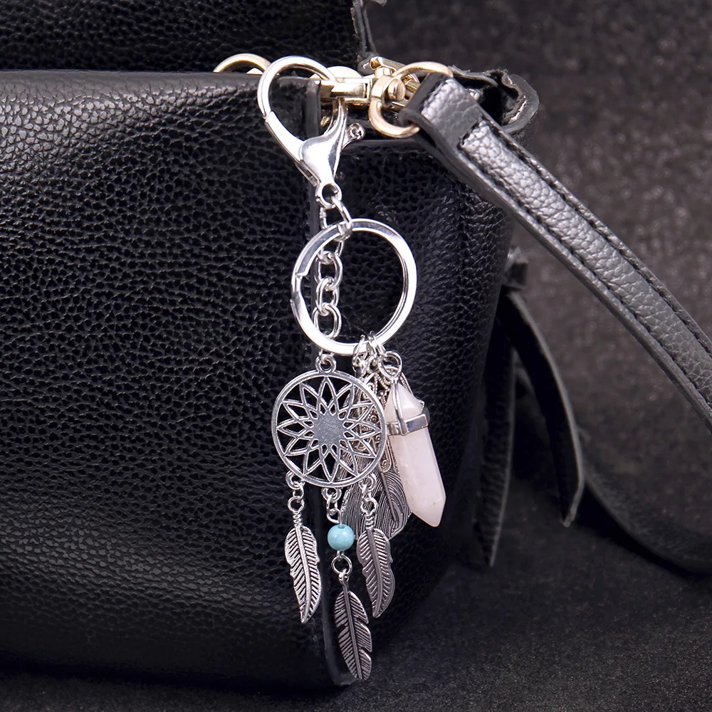 Boho-Style Metal Keyring with Gemstone Dangles 2 Boho-Style Metal Keyring with Gemstone Dangles - Image 2