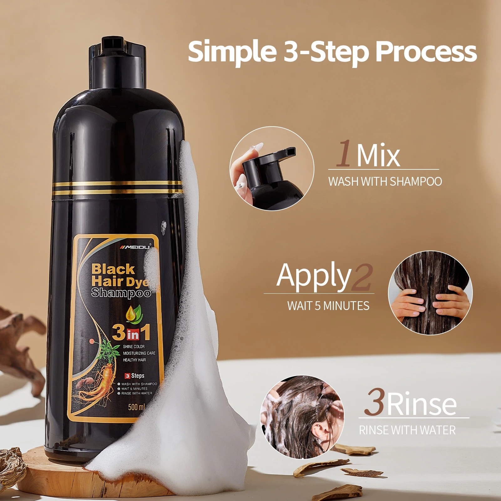 Meidu 3-in-1 Black Hair Dye Shampoo 500ml 4 Meidu 3-in-1 Black Hair Dye Shampoo 500ml - Image 4