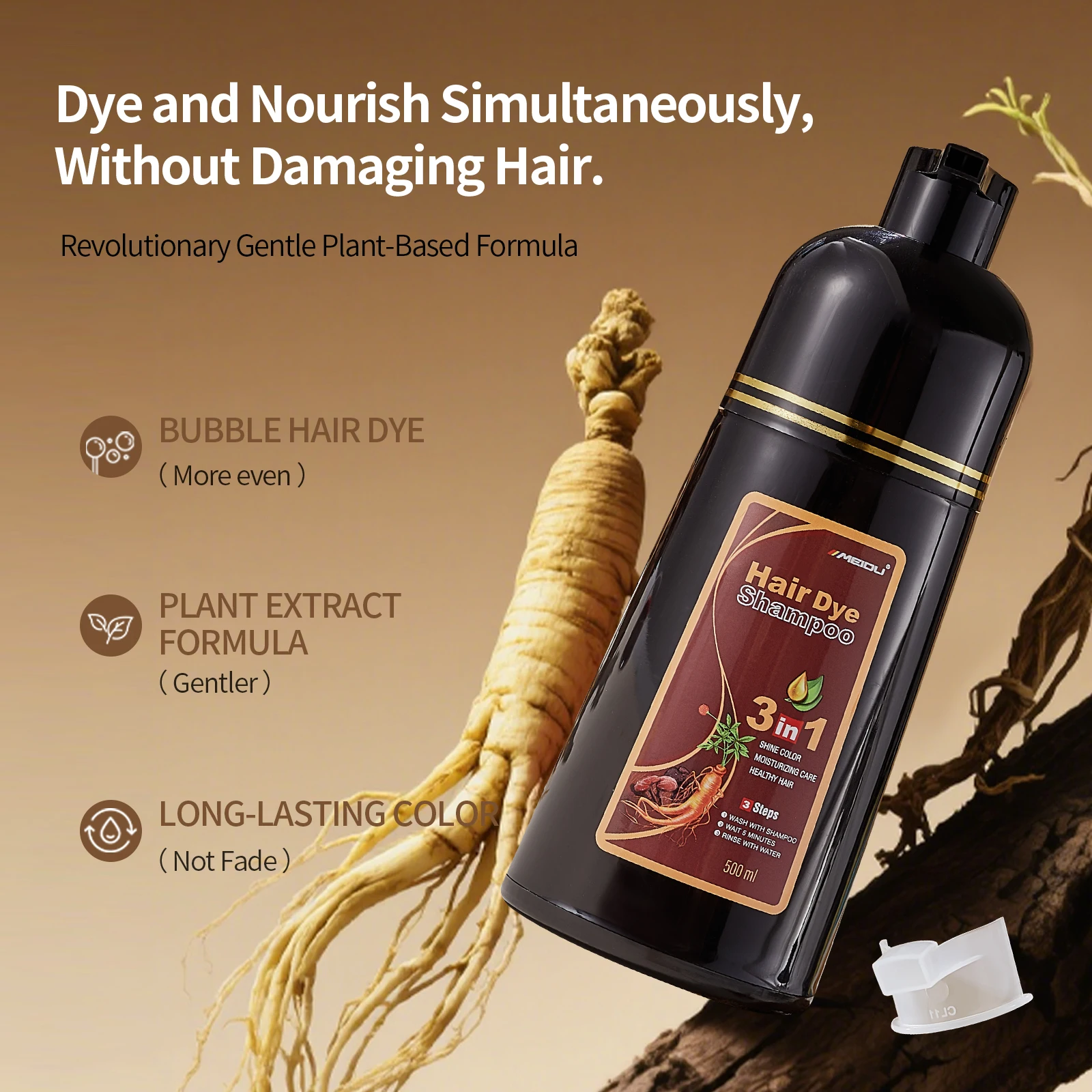 Meidu 3-in-1 Black Hair Dye Shampoo 500ml 2 Meidu 3-in-1 Black Hair Dye Shampoo 500ml - Image 2