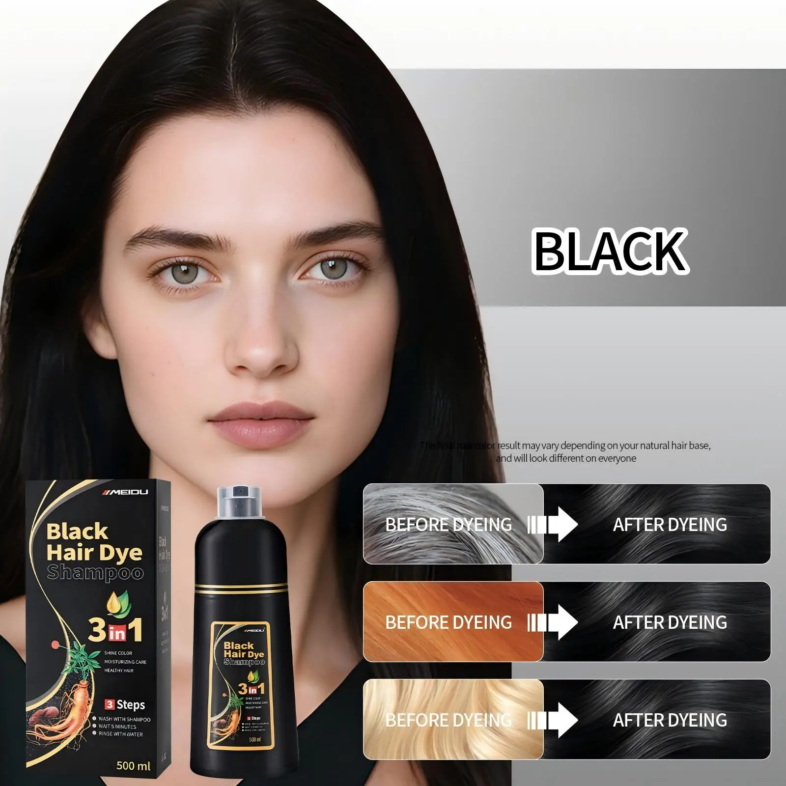 Meidu 3-in-1 Black Hair Dye Shampoo 500ml 9 Meidu 3-in-1 Black Hair Dye Shampoo 500ml - Image 9