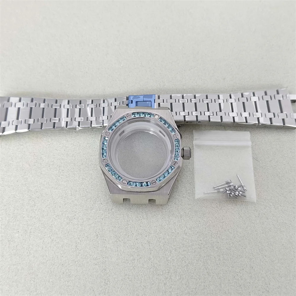 Stainless Steel Watch Case with Blue Gems 4 Stainless Steel Watch Case with Blue Gems - Image 4