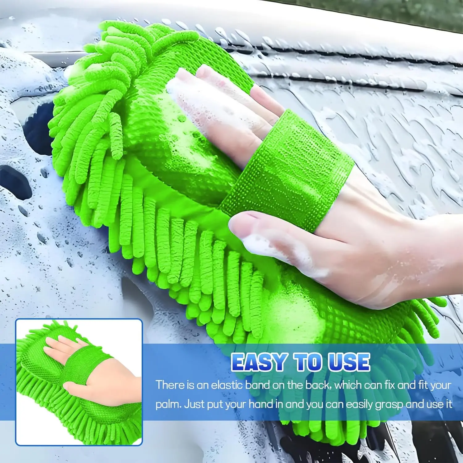 Vibrant Green Chenille Car Washing Gloves Set 4 Vibrant Green Chenille Car Washing Gloves Set - Image 4