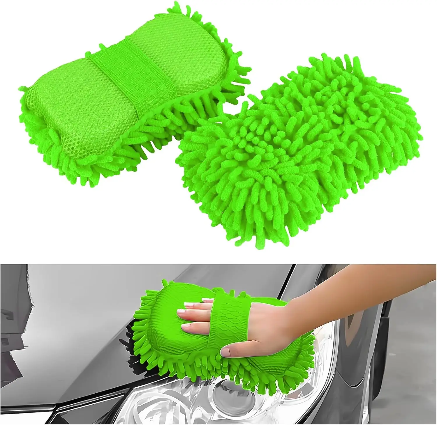 Vibrant Green Chenille Car Washing Gloves Set 2 Vibrant Green Chenille Car Washing Gloves Set - Image 2