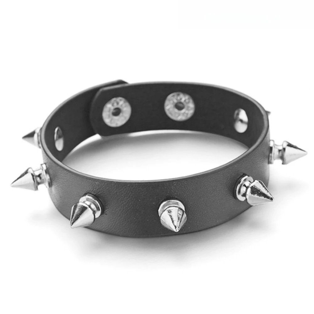 Black Leather Punk Spike Bracelet for Men Women 7 Black Leather Punk Spike Bracelet for Men Women - Image 7