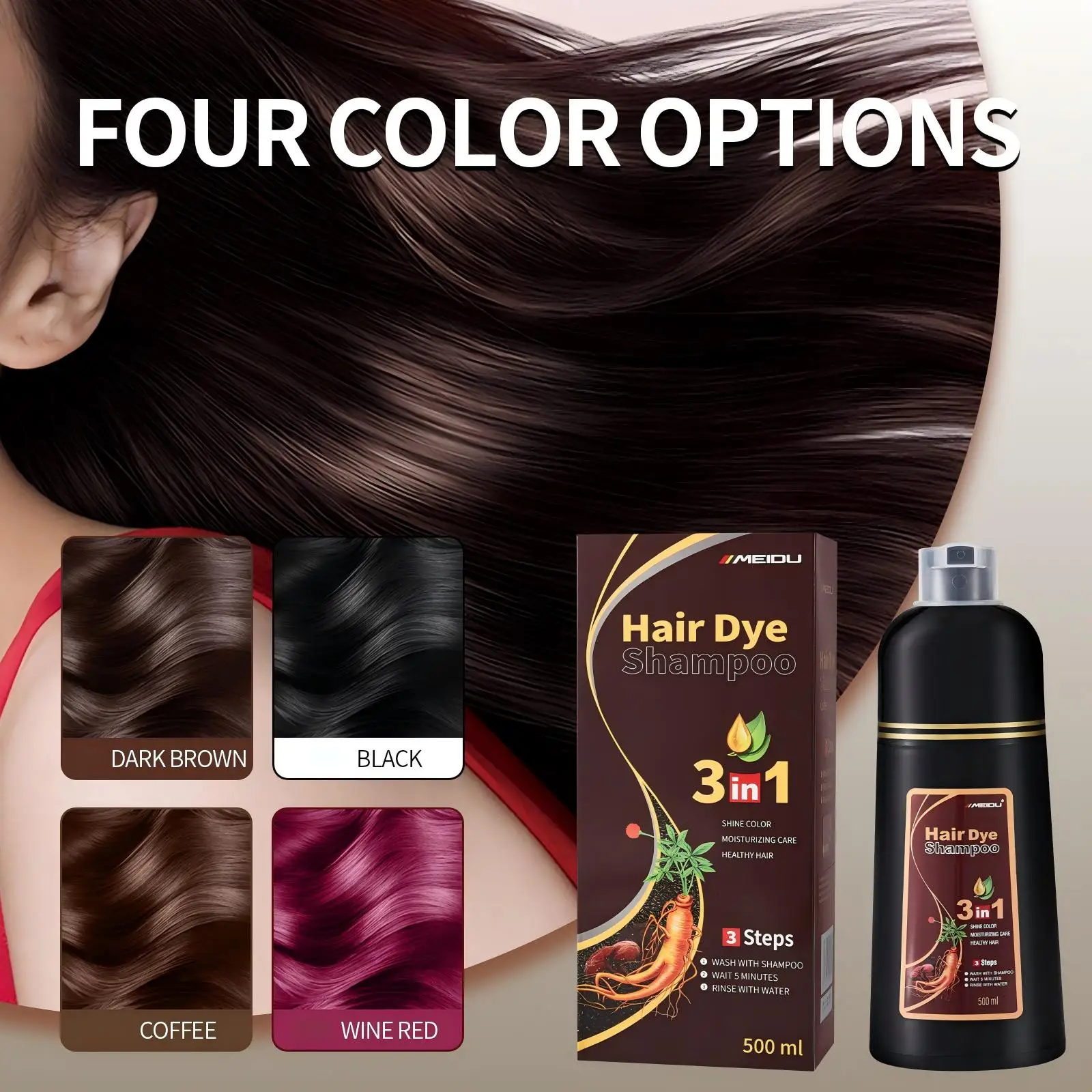 Meidu 3-in-1 Black Hair Dye Shampoo 500ml 6 Meidu 3-in-1 Black Hair Dye Shampoo 500ml - Image 6