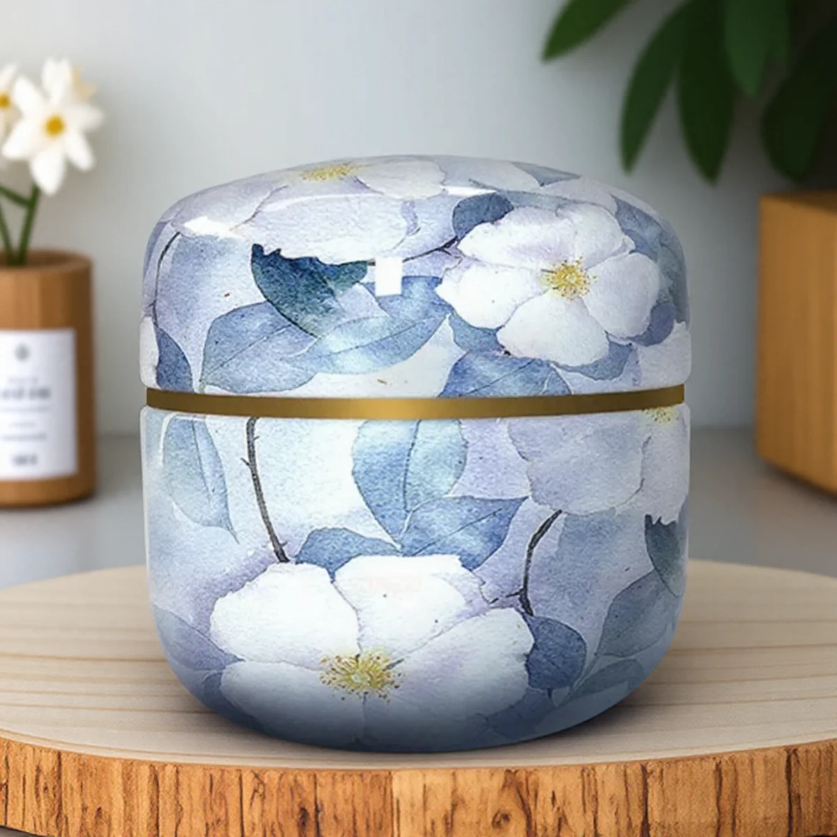 Elegant Floral Tin Storage Jar with Gold Band 9 Elegant Floral Tin Storage Jar with Gold Band - Image 9