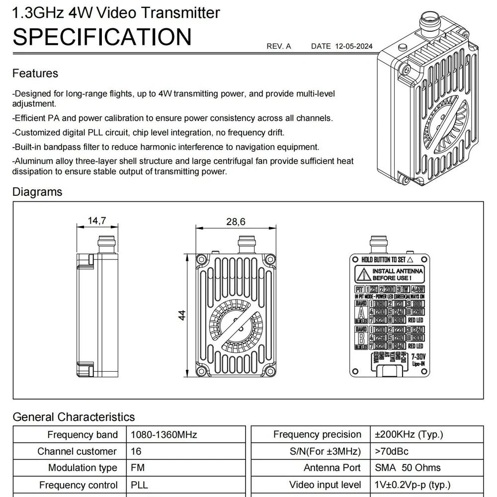 Switchable 1.3G 4W VTX for RC Drones 2 Switchable 1.3G 4W VTX for RC Drones - Image 2