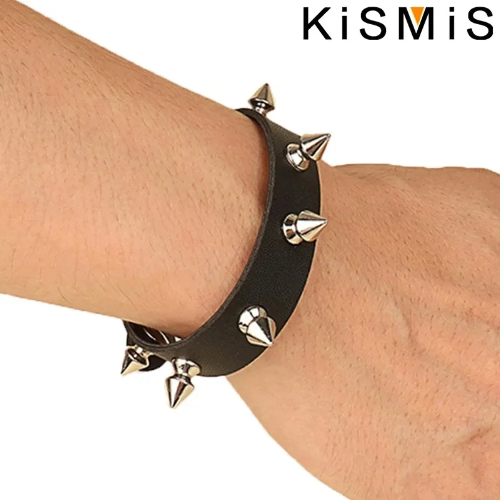 Black Leather Punk Spike Bracelet for Men Women 5 Black Leather Punk Spike Bracelet for Men Women - Image 5