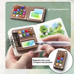 Portable Wooden Watercolor Set with 8 and 15-grid Palettes