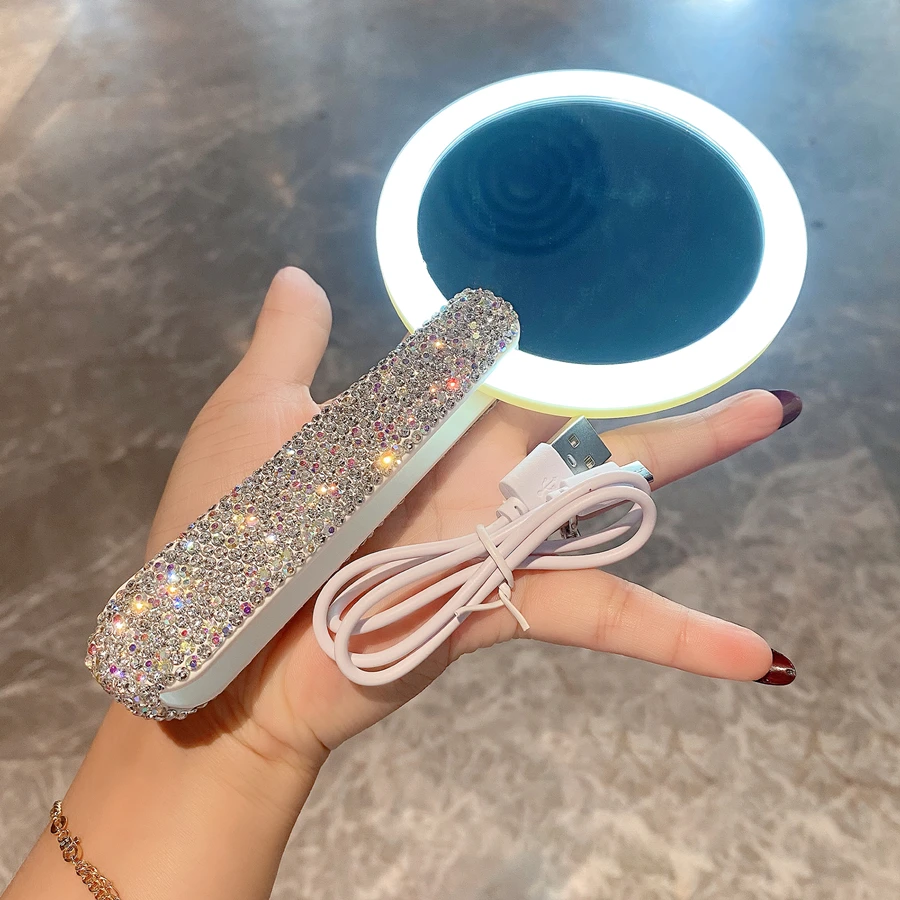 Rotatable LED Rhinestone Handle Makeup Mirror 3 Rotatable LED Rhinestone Handle Makeup Mirror - Image 3