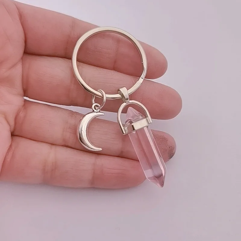 Quartz Crystal Moon & Hexagon Keychain in Silver 4 Quartz Crystal Moon & Hexagon Keychain in Silver - Image 4