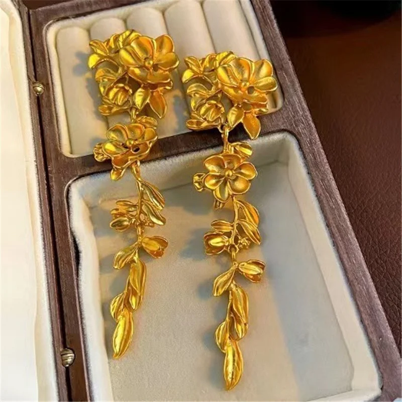 Vintage Gold Drop Earrings with Botanical Motifs 2 Vintage Gold Drop Earrings with Botanical Motifs - Image 2
